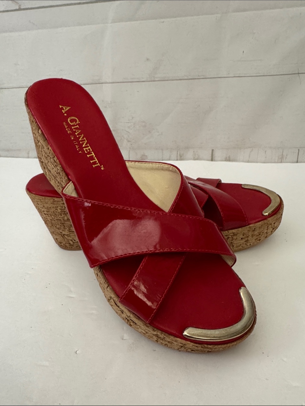 A. Giannetti Sz 8-8.5 Red Patent Leather Cork Wedge Slides Mob Wife Office Siren